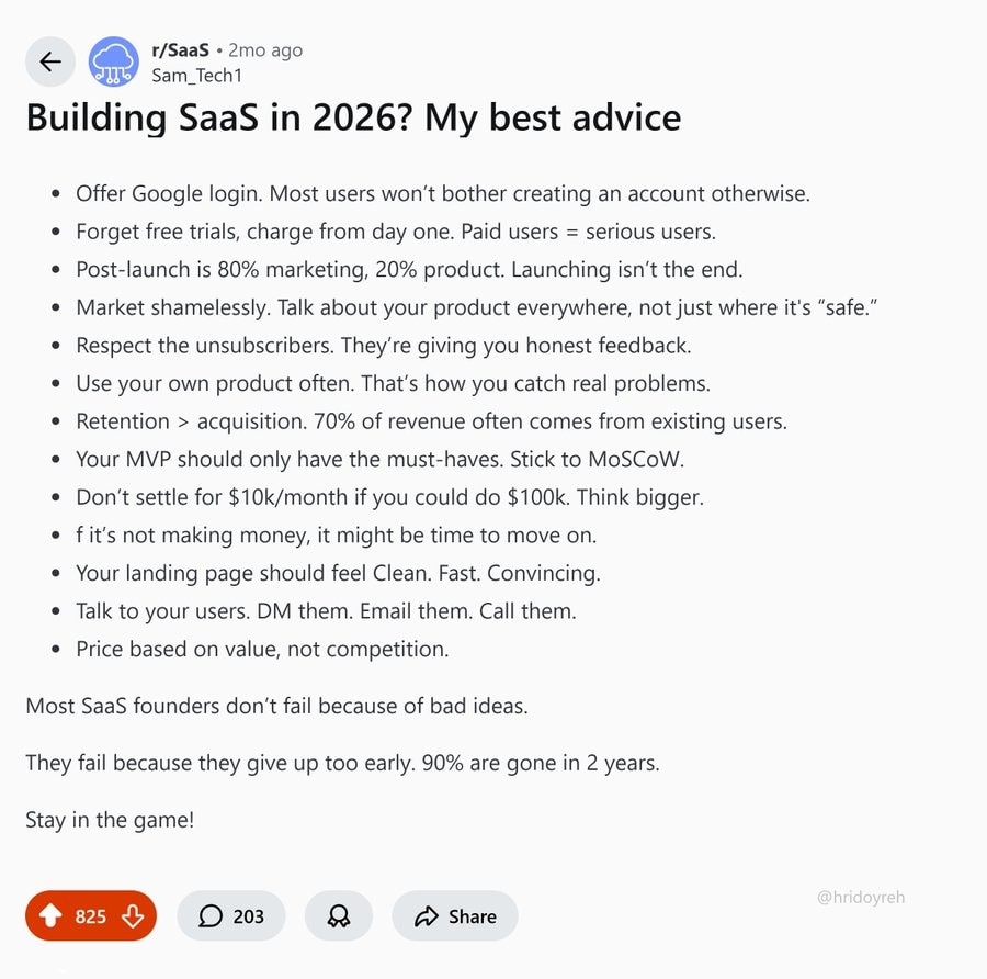 Reddit r/SaaS kogukonna post pealkirjaga 'Building SaaS in 2026? My best advice', mis sisaldab nimekirja SaaS-asutajate parimatest nõuannetest